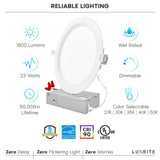 LUXRITE 8 Inch Ultra Thin LED Recessed Lighting, 23W, 5 Color Selectable 2700K | 3000K | 3500K | 4000K | 5000K, CRI 90, 1800 Lumens, Dimmable LED Wafer Lights, Wet Rated, Baffle Trim (6 Pack)