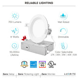 LUXRITE 12-Pack 4 Inch Ultra Thin LED Recessed Lighting, 10.5W, 5 Color Selectable 2700K | 3000K | 3500K | 4000K | 5000K, CRI 90, 750 Lumens, Dimmable LED Wafer Lights, Wet Rated, Baffle Trim