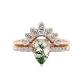 Oseew Personalized Moss Agate Ring set Engraving Text Moss Agate promise Ring Set 18k gold Teardrop Moss Agate Stone