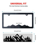 ZXFOOG Mountain License Plate Frames- Plastic Black Car Tag Holder Bracket with Screws Caps, Blackout 2 Packs 2 Hole, Mountain Vinyl Sticker Included