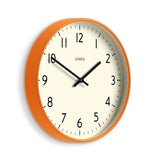 JONES CLOCKS® Studio wall Clock | Modern Round Style | 12 inch | Orange | Easy to Read Numbers | Versatile Design for Kitchen, Living Room or Office
