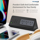 Kable Kontrol Desk Clamp Power Strip with USB-C Port, Nightstand Charging Station, 3 AC Outlets, 3 USB-A Ports, Fast Charger, Easy Installation for Home, Offices, Hotels – 4.9 Ft, Black, 1 Pc