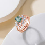 Ovel Moss Agate Engagement Ring set Engraving Text Moss Agate Wedding Ring Set Gold For birthday Promise ring Chirstomas (Rose gold)