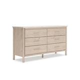 Signature Design by Ashley Cadmori Casual Bohemian Dresser with Post Legs and 6 Drawers, Replicated Marble Top, Wood, 35" High, White and Light Brown Finish