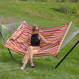 Sunnydaze Rope Hammock with Stand for Outside- 275-Pound Capacity - Includes 12-Foot Hammock Stand, Spreader Bar, Pad, and Pillow - Tropical Orange