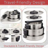 Stainless Steel Camping Kitchen Cookware Set - Frying Pan With Detachable Handle - Nesting Pots for Backpacking, Camp, and RV Cooking - 6 Piece Mess Kit - 1.5L Frypan, 1.5L Small Pot & 3.5L Medium Pot