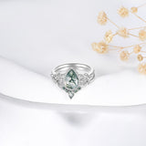 Oseew Natural Moss Agate Ring for Women 2CT Pear Cut 2 Pieces Engagement Ring Set 10K/14K/18K Solid Gold/Sterling Silver Wedding Vintage Leaf Bridal Promise Ring with Gift Box
