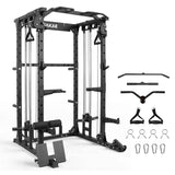 SAKAE Squat Rack, Multi-Function Power Cage with Adjustable Cable Crossover System for Strength Training, Power Rack with LAT Pulldown, Pull-Up Bar, Dip Bars & Training Attachments