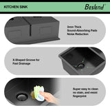 Beslend 30 Black Undermount Kitchen Sink - 30x19 Gunmetal Black Double Bowl Kitchen Sinks Workstation 16 Gauge Stainless Steel Sink Low Divide Double Basin 50/50