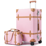 universal trotter Vintage PU Leather Luggage Set, Retro Trunk Suitcase with Wide Aluminum Frame, TSA Key Locks and Smooth 360° Spinner Wheels (Blush Pink, 26"+12")