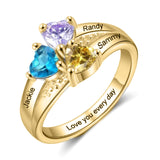 Personalized 10k white gold 3 Birthstones Ring for Women Mother's Ring Personailzed 14k yellow gold Birthstone Ring Family Rings Mom Jewelry Mother and Daughter Rings with 2 Birthstones(Yellow Gold)