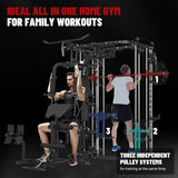 FAGUS H All in One Home Gym System Workout Station with Adjustable Weight Bench,Multifunction Smithe Machine Power Cage with Cable Crossover,Tripe-Sided Independent Load Posts Functional Trainer,Black