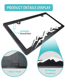NJNYLLC Mountain License Plate Frames - Plastic Car Tag Holders with Raised Mountain Design, White on Black, 2 Pack 2 Hole with Screws & Caps, Mountain Vinyl Sticker Included