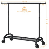 Wiracks Heavy Duty Clothes Rack for Hanging Clothes 350lbs Clothing Rack 3" industrial Wheels 51 to 71" W x 16.53" D x 65" to 71" H Adjustable Rolling Clothes Rack Coat Rack Garment Rack Black