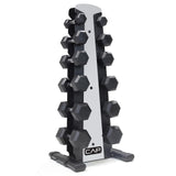 CAP 210 lb Rubber Coated Hex Dumbbell Set with Vertical Rack, Space-Saving Storage for Home Gym Strength Training, Chrome Handle, Silver Rack