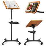 2 in 1 Dual-use Music Stand & Desktop Book Stand, Adjustable Height 16.5"-51", 100% Solid Wood Laptop Floor Stand Book Holder with Elastic Page Clips for Cookbooks (Brown with Tray and Wheels)