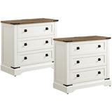 T4TREAM 32" Farmhouse Nightstand with Charging Station Set of 2, Large End Table with 3 Storage Drawers, Rustic Wood Bedside Table for Bedroom, Living Room, Antique White