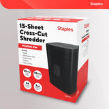 Staples 15-Sheet Cross Cut Paper Shredder for Home Office, P-4 Security, 20-Min Run Time, Shreds Paper