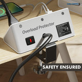 Kable Kontrol Desk Clamp Power Strip with USB-C Port, Nightstand Charging Station, 3 AC Outlets, 3 USB-A Ports, Fast Charger, Easy Installation for Home, Offices, Hotels – 4.9 Ft, White, 1 Pc