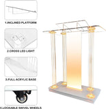 Mecpramy Church Pulpit with Wheels,Church Podium with Led Light,Acrylic Church Podium with Rollers& Vertical Reading Platform, 46”Elegant Transparent Lecterns for Churches Entrance, Classroom