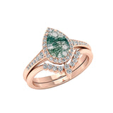 Oseew Customized Moss Agate Ring set Engraving Text Moss Agate promise Ring Set 14k gold Teardrop Moss Agate Stone