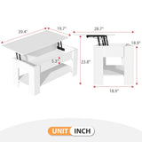 Haiput Wam Lift-Top Coffee Table with Storage Shelf & Secret Compartment | Classic Solid Wood Adjustable Height Table for Living Room, Compact Dining Area, Studio（39.4in White）