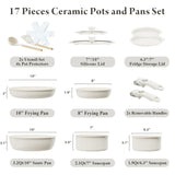 Ceramic Nonstick Cookware Set, Healthy, Non Toxic,17-Pieces Pots and Pans Set | Dishwasher/Oven Safe,PFAS/PFOA Free,Cream White bazova