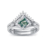 Oseew 1.5ct 10k Gold Natural Moss Agate Promise Ring for Women Gold Moss Agate Ring Set Moss Agate Engagement Ring Set Kite Shape Moss Agate Wedding Ring Set (White Gold)