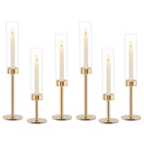 Gold Hurricane Candle Holders Set of 6, Tall Metal Windproof Glass Taper Candle Holder for Candlestick, Candle Sticks Decor, Table Centerpieces for Wedding, Candlelit Dinner Party Fireplace Decoration
