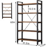 WH-AOERPUMY 5 Tier Bookcase, Solid Wood Bookshelf Rustic Vintage Industrial Etagere Bookcase, Metal and Wood Free Vintage Bookshelf, Retro Brown (5-Tiers)