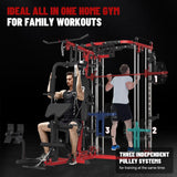FAGUS H All in One Home Gym System Workout Station with Adjustable Weight Bench,Multi-Function Smithe Machine Power Cage with Cable Crossover,Tripe-Sided Independent Load Posts Functional Trainer, Red