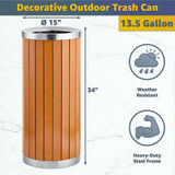 13.5 Gallon Round Outdoor Trash Can with Open Top - Commercial Steel and Wood