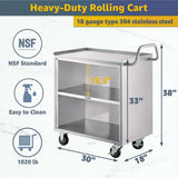 18" x 30" Stainless Steel Utility Cart with Enclosed Base and Open Front - 3 Shelf Heavy-Duty Commercial Service Cart - NSF Rolling Cart for Kitchen, Catering, Restaurant Storage