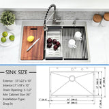 VOKIM 33 Inch Drop In Kitchen Sink Workstation - 33 x 22 Inch Drop In Sinks 16 Gage Stainless Steel Topmount Sinks Single Bowl 10'' Deep Handmade Above the Counter sink with Cutting Board& Strainer
