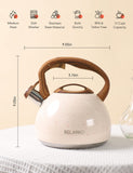 BELANKO 2.7 Quart Tea Kettle for Stovetops - Food Grade Stainless Steel Teapot with Loud Whistle, Cool-Touch Wood Pattern Handle, Rust-Resistant Whistling Kettle - Starry Cream