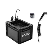 BOXIO - WASH Plus: Mobile Sink with Hand Pump, Shower Head, Mirror & Cleaning Beads - Van, Camping, Garden Sink with Tap, Plastic, Black