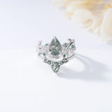 Oseew Natural Moss Agate Ring for Women 2CT Pear Cut 2 Pieces Engagement Ring Set 10K/14K/18K Solid Gold/Sterling Silve Personalized Wedding Leaf Vintage Bridal Promise Ring for Women