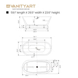 Vanity Art 59 x 30 Inches Freestanding White Acrylic Bathtub Modern Stand Alone Soaking Tub with UPC Certified Slotted Overflow and Pop-up Drain VA6610-S-TG