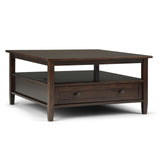 SIMPLIHOME Warm Shaker Square Coffee Table - 36 inch Wide Solid Wood Cocktail Table in Tobacco Brown, Transitional Living Room Table with Large Storage Drawer and Open Shelf for Sitting Area