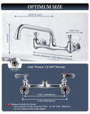 Phivan NSF/ANSI 61 Certified 8" Lead-Free Commercial Sink Faucet Wall Mount, 3 Compartment Sink Faucet with 8" Swivel Spout & Ceramic Valve for Kitchen/Restaurant/Laundry/Utility Sinks, 2 Hole