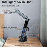 IHAO 6in1 Multifunctional Foldable LED Table Lamp with Wireless Charger Digital Alarm Clock Eye-Care Lighting 3 Color Modes 15W Qi Charger for Phone/Headphones, iWatch Charger Compatible-N61 White