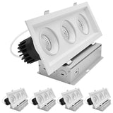 LUXRITE 3-Head Regressed Gimbal LED Recessed Spotlight, 360°+15° Adjustable, 5CCT 2700K-5000K, CRI90, 45W, 3000 Lumens, 60° Beam Angle, Rectangular White Finish, Dual Dimmable, IC & Wet Rated (4 Pack)