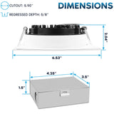 LUXRITE 5 Inch Square LED Recessed Ceiling Light with Junction Box, 18W, 5CCT Selectable 2700K/3000K/3500K/4000K/5000K, 1600LM High Brightness, Dimmable Canless Downlight, Wet Rated, ETL (6 Pack)