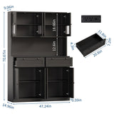 GarveeLife Tall Kitchen Pantry Cabinet with Charging Station and Microwave Stand, Storage Hutch with Drawers for Dining Room, Living Room, Black