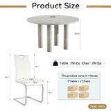 SSLine Faux Mars Stone Round Dining Table Set for 6 w/White Leather Chair