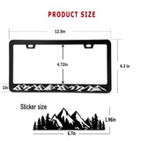 BGGTMO Mountains License Plate Frame- Black Aluminum Car Tag Cover Holder with Stainless Steel Screws Caps, Snow Mountain Tree Decal Sticker, 1 Pack 2 Hole