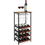 Wine Rack Freestanding Floor, Rustic Wine Holder Stand with Wine Storage and Bottle Shelf, 16 Bottles Floor Wine Rack Shelf OYEAL
