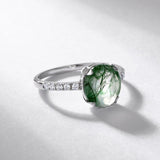 Natural Moss Agate Ring for Women 10K/14K/18K Solid Gold/Sterling Silve Oval Cut Green Moss Agate with Lab Diamond Engagement Ring Personalized Wedding Promise Ring Anniversary Jewelry Gift for Women