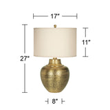 Franklin Iron Works Maison Loft Rustic Farmhouse Table Lamps 27" Tall Set of 2 Antique Brass Textured Hammered Metal Cream Linen Drum Shade for Bedroom Living Room Bedside Nightstand House Office