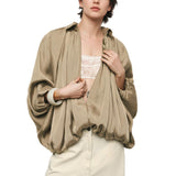 Talakeno Womens Puffed Bomber Jacket Casual Batwing Sleeve Lapel Collar Zip Shirts Oversized Pleated Streetwear Jackets(Khaki,S)